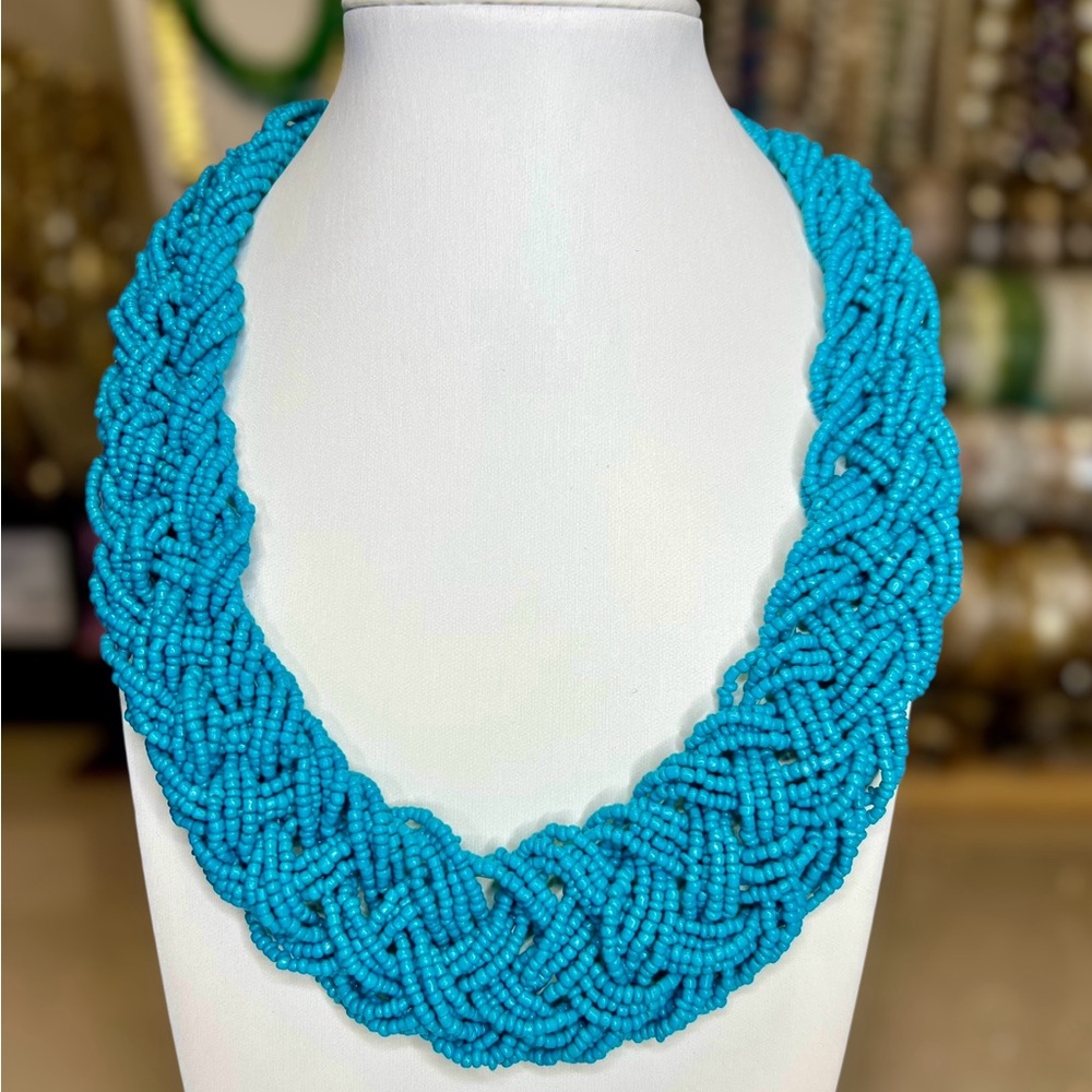 VINTAGE 80'S BIG BOLD SEED BEADED BRAIDED WIDE COLLAR NECKLACE TURQUOISE